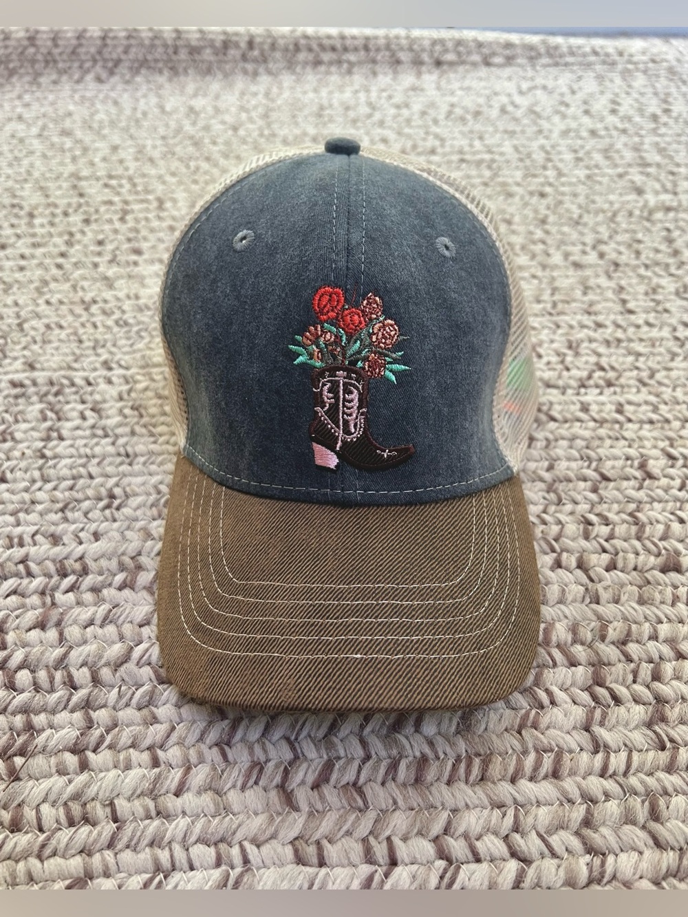 Embroidered Cowgirl Boot Floral Trucker Cap Hat
